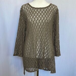 Chico's Brown Open Lace Mesh Knit Top Size L Long Sleeve Pullover Casual Tunic